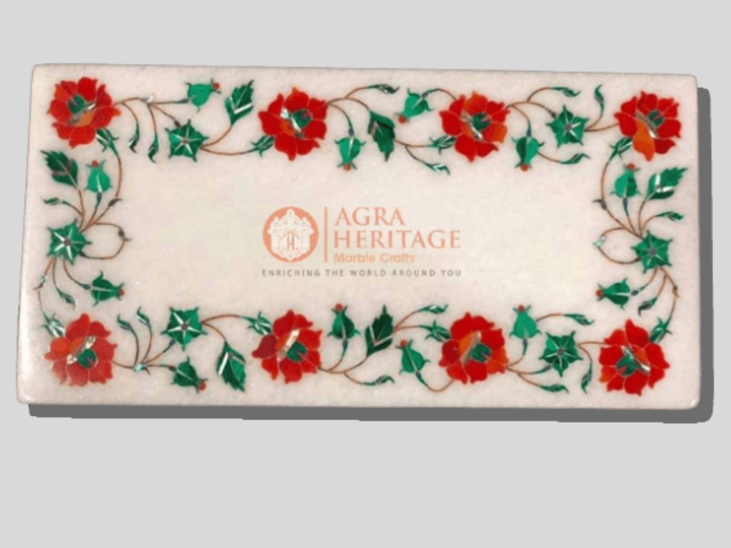 White Marble Cheese Board Carnelian Malachite Inlay Arts